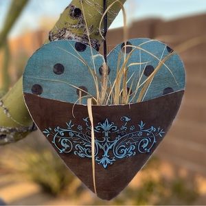 Metal Heart Flower Hanging Holder, Bird Feeder? Art, Yard, Garden